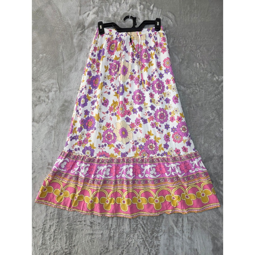 Rose & Thyme Womens Floral Maxi Skirt Pink Purple Boho Elastic Waist Small